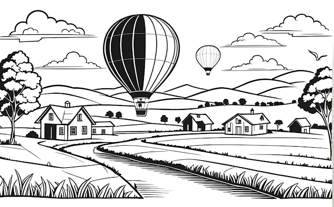 Black and white hot air balloon over rural landscape