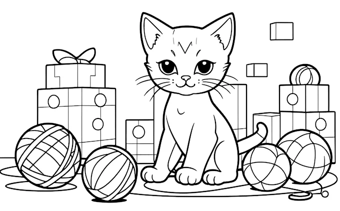 Cat sitting next to balls of yarn with gift box