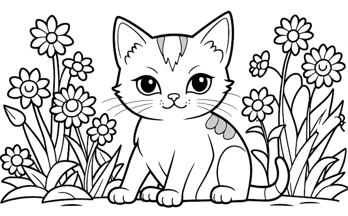 Cat sitting in grass with flowers, second cat on ground, black and white, furry art