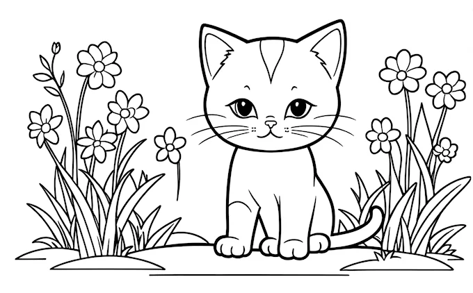 Cat in grass with flowers, black and white line art