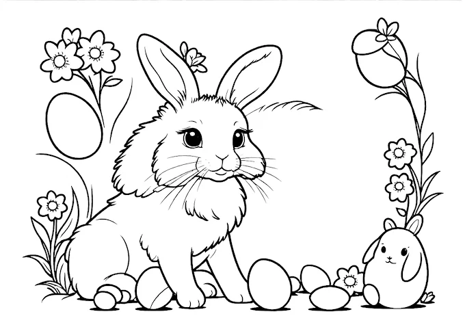 Bunny with Easter Eggs and Flowers Coloring Page