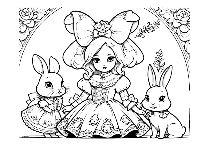 Fantasy-Inspired Girl Doll with Rabbit Figurines Coloring Page