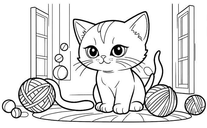 Cat sitting on rug surrounded by yarn balls, children&#039;s coloring page