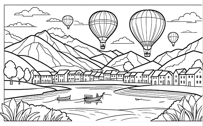 Landscape with hot air balloons over lake and mountains, coloring page