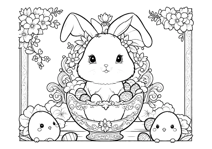 White rabbit in decorated bowl with eggs and flowers coloring page