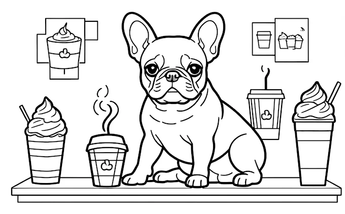 Dog sitting on counter with coffee and ice cream