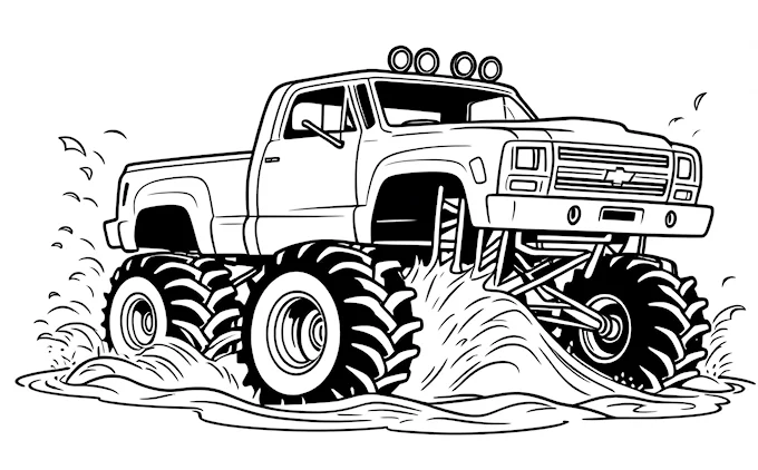Monster truck driving through water, big tire splash