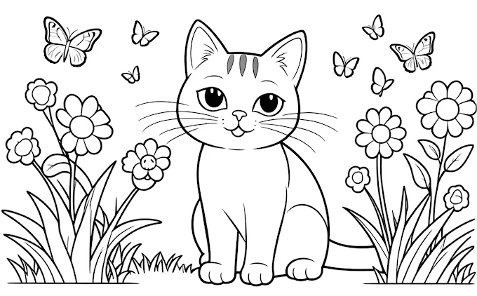 Cat in grass with butterflies, black and white naive art line drawing