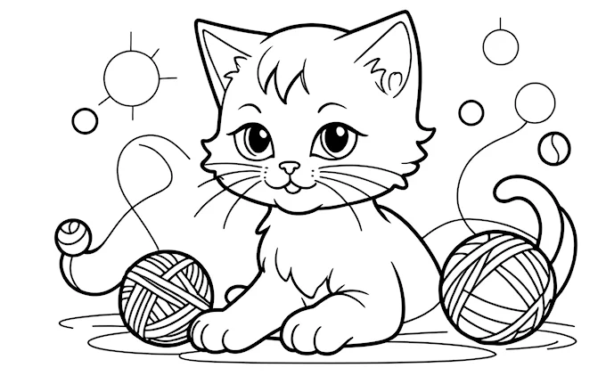 Cat holding a ball of yarn, black and white line art, coloring page