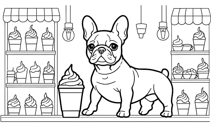 Dog in front of cupcake shop holding a cupcake, detailed storybook illustration