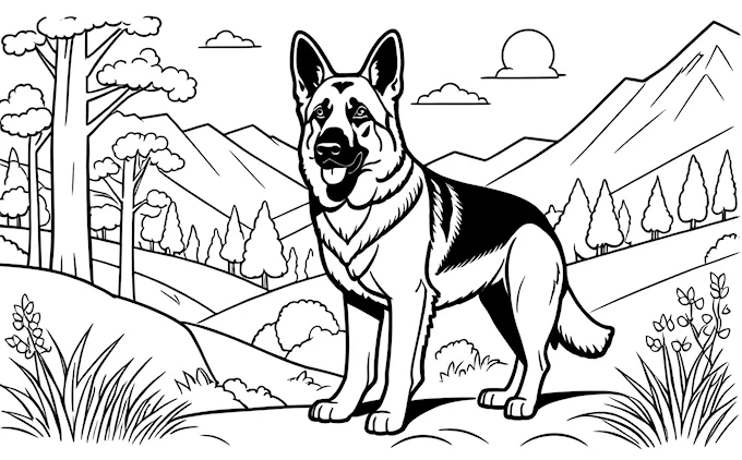 German Shepherd in mountains with trees and shrubs