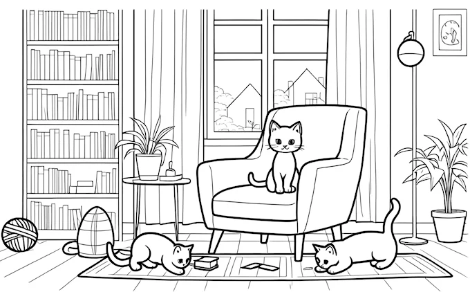 Multiple cats in living room, chair and rug