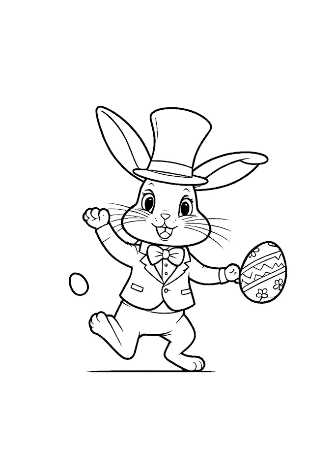Cartoon Bunny in Easter Outfit with Decorated Eggs Image