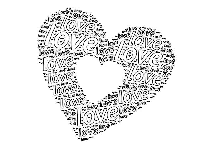 Love-themed heart-shaped collage in black and white coloring page