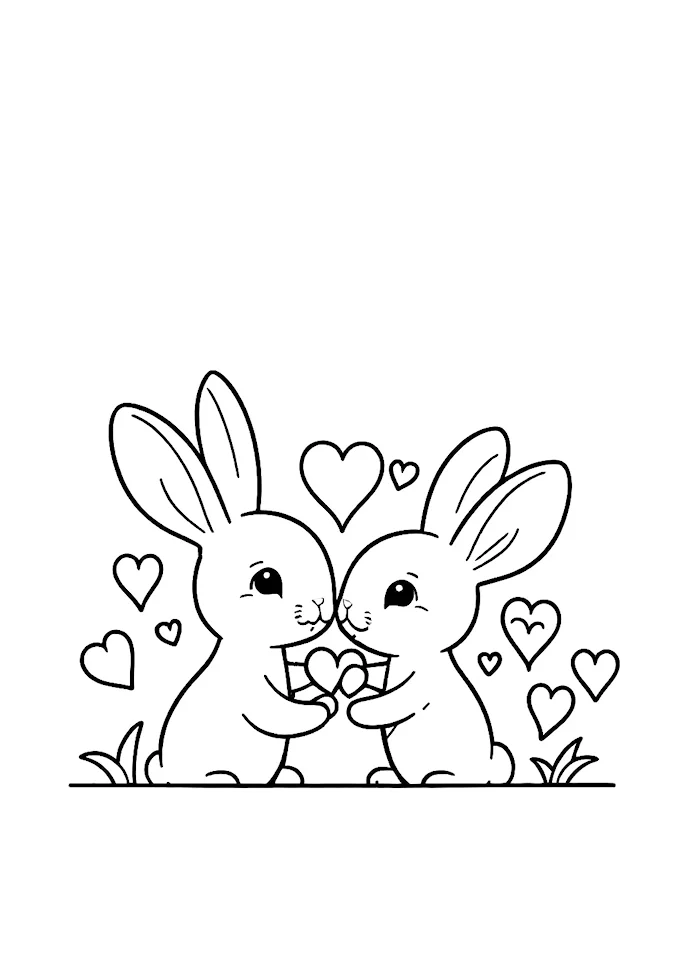 Illustration of bunnies embracing with heart background