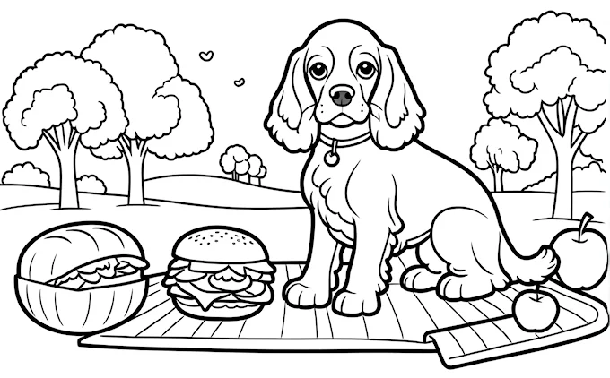 Dog sitting on mat with hamburger and apple, park picnic scene, detailed illustration