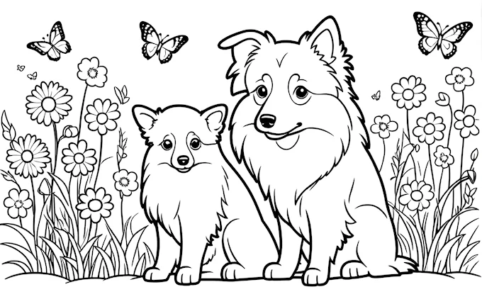 Dog and cat in a field of flowers with butterflies flying above