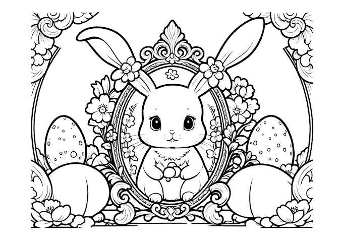 Bunny in front of ornate mirror with floral and egg decor coloring page