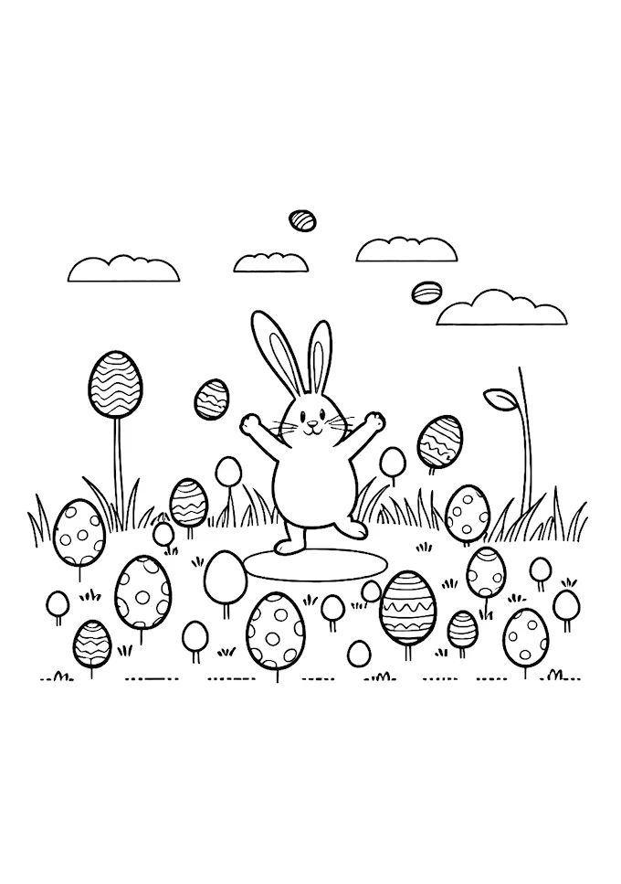 Easter Bunny with Eggs Black and White Drawing Coloring Page