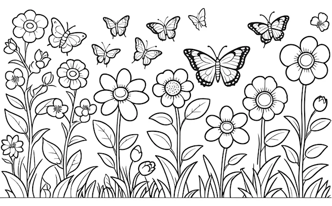 Field of flowers and butterflies, detailed modern European ink painting