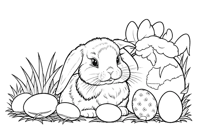 Bunny Rabbit Among Easter Eggs Coloring Page