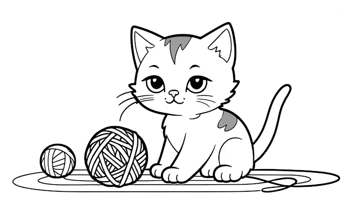 Cat with multiple yarn balls outlined in black and white