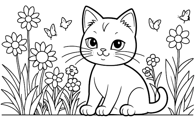 Cat in grass with flowers, butterflies, and black and white background, furry art