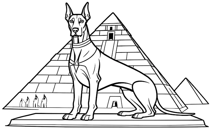Dog sitting in front of pyramid