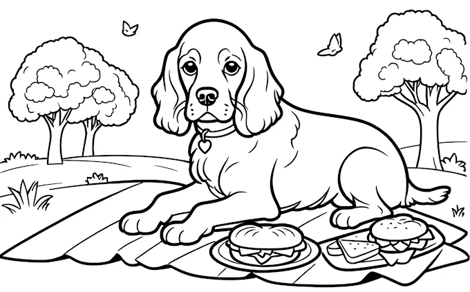 Dog on blanket with plate of food and trees, easy-to-color kids&#039; coloring page