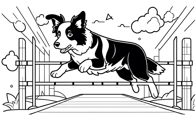 Dog jumping over hurdle in fenced area with sun and clouds