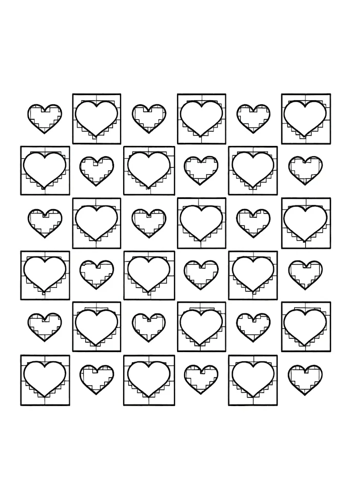 Pixelated hearts in checkered design coloring page