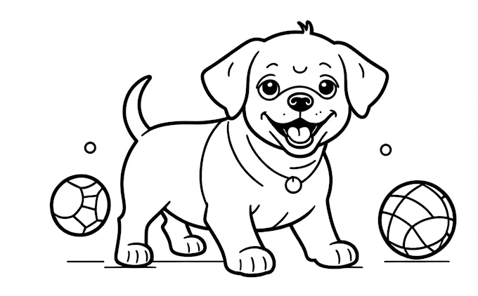 Dog with a ball in its mouth, black and white line art