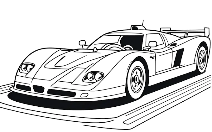 Race car on track, line art for coloring
