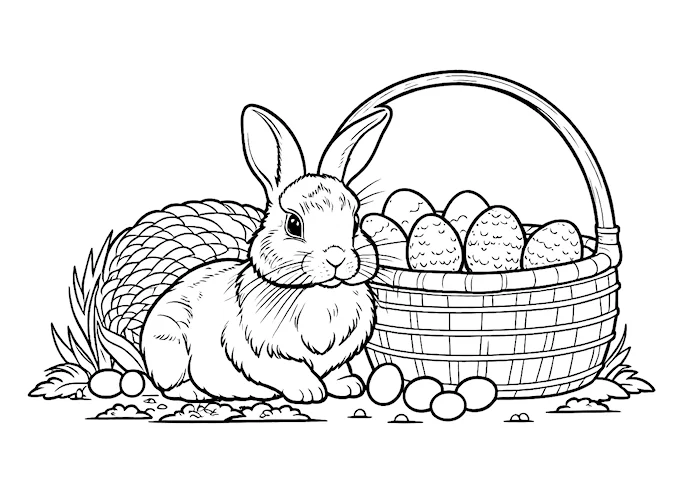 Rabbit Beside Egg Basket Coloring Page