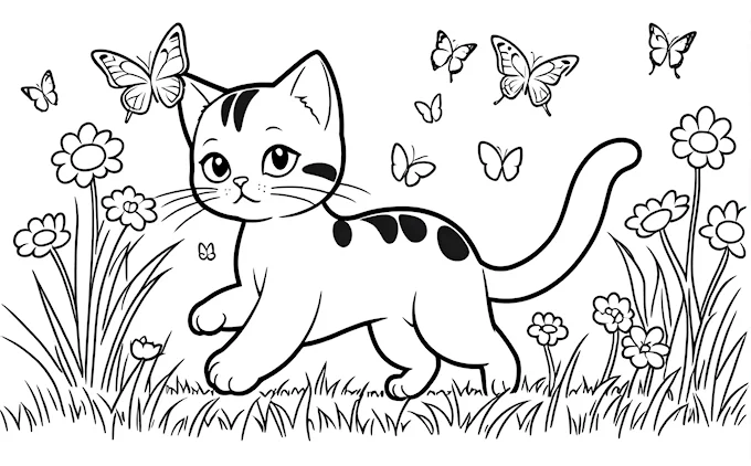 Cat walking in field with butterflies on back legs