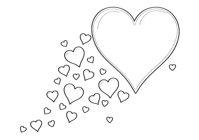 Black heart with scattered small hearts coloring page