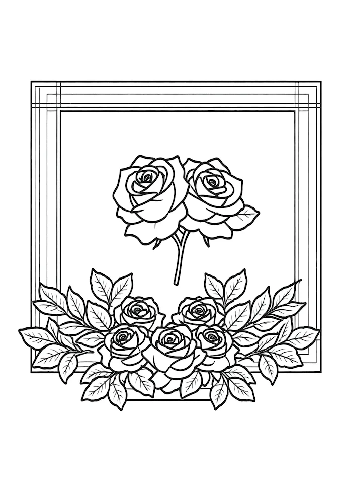 Three roses with artistic shades in square frames coloring page
