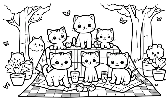 Group of cats on picnic blanket in woods