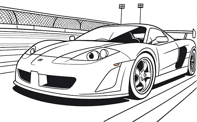 Cartoon car on track with fence, line art coloring page