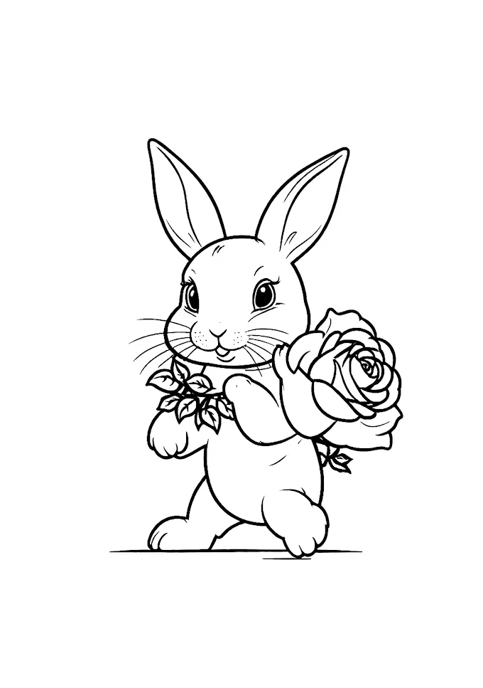 Bunny with rose in mouth among flowers coloring page
