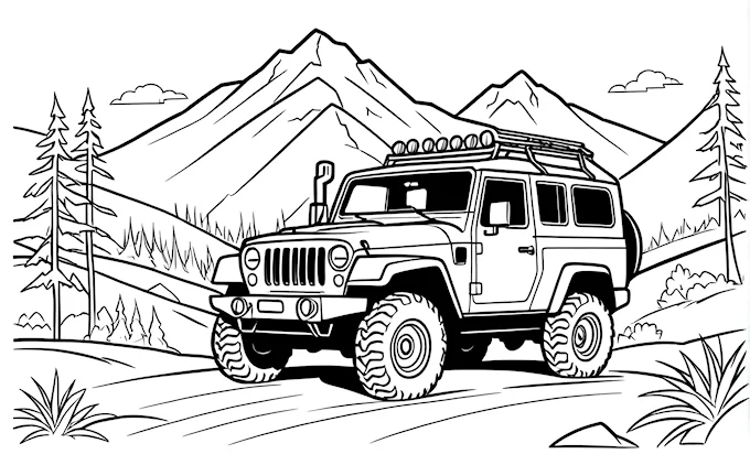 Jeep driving through mountains, trees and mountains in background