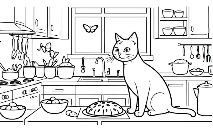 Cat on kitchen counter with food and butterfly