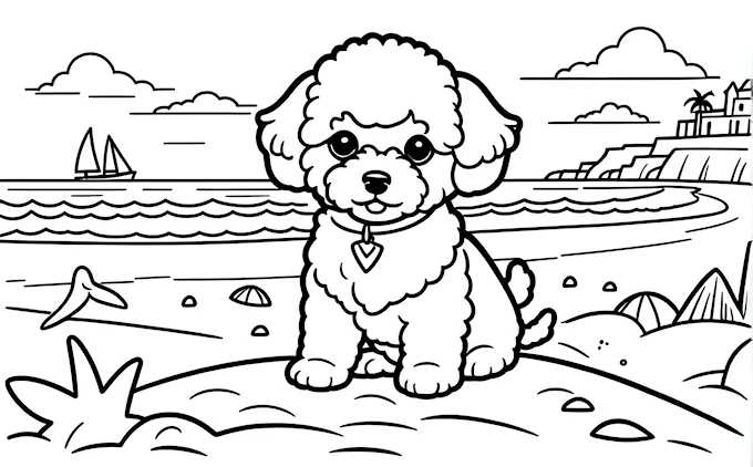 Dog sitting on beach with sailboat, line art coloring page