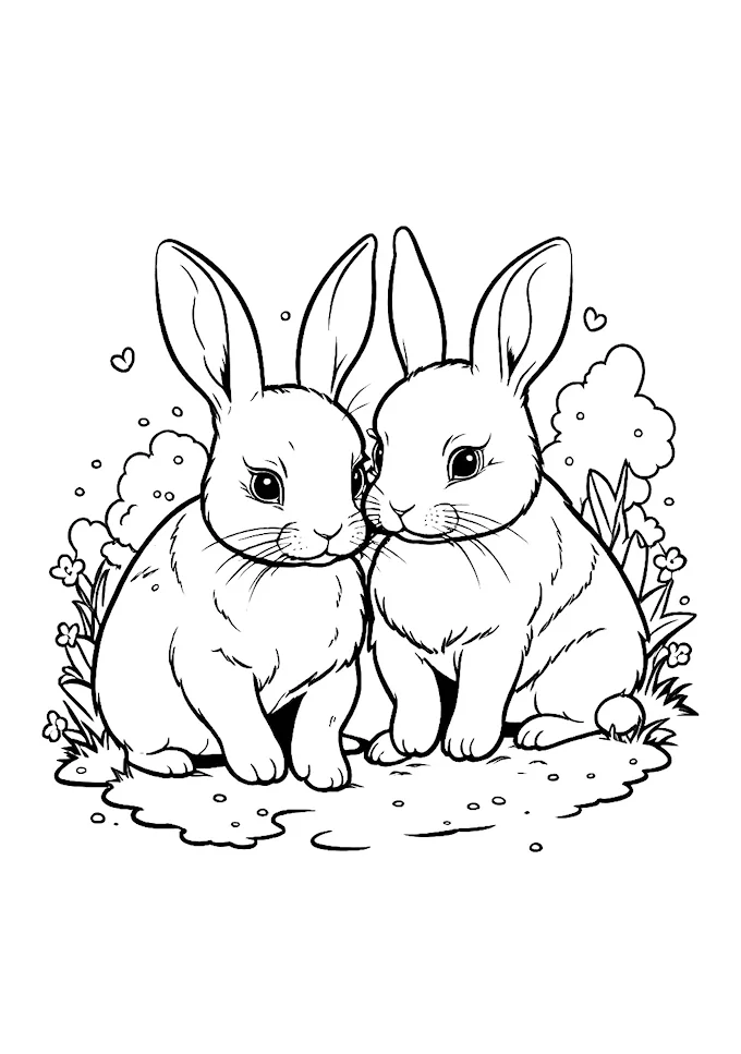 Bunnies snuggling in a heartwarming companionship scene coloring page