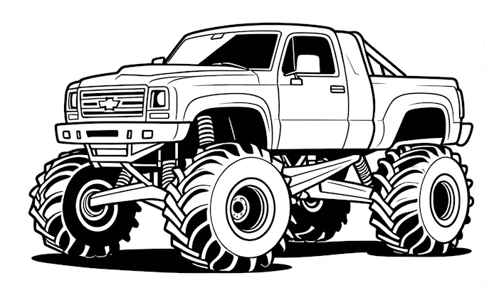 Monster truck with large tires, line art coloring page