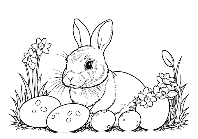 Bunny Rabbit Beside Easter Eggs in Grass Coloring Page