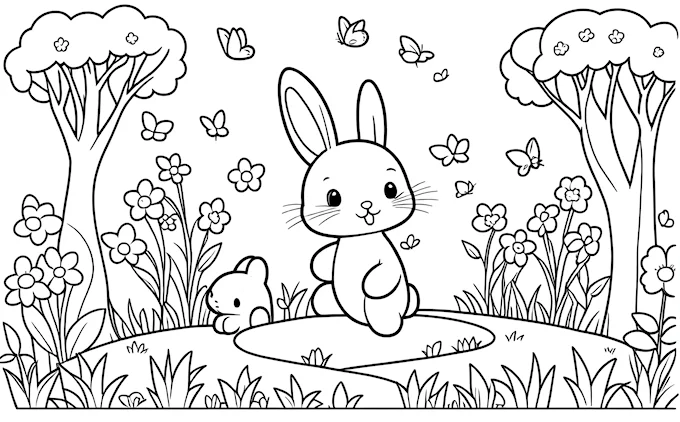 Rabbit and mouse in field with flowers and butterflies, line art