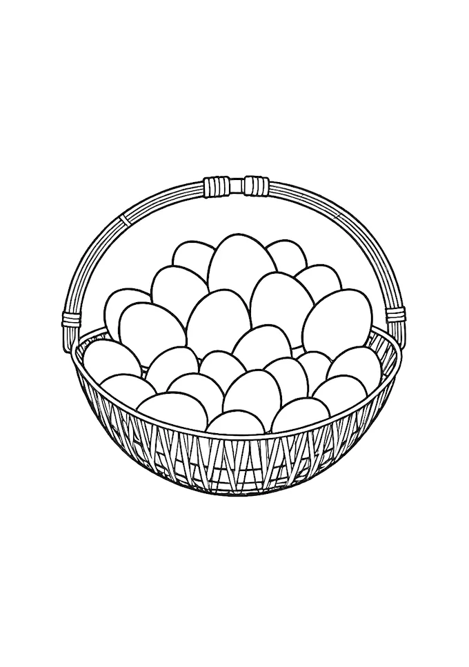 Wicker basket with chicken and duckling eggs in wire mesh bowl