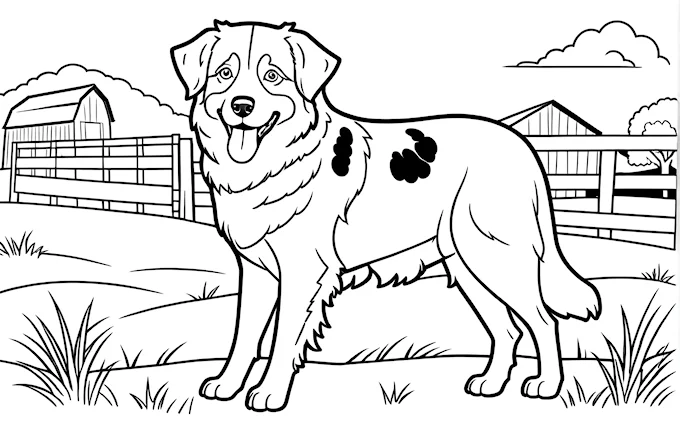 Dog standing near fence with barn, adult and children&#039;s coloring page