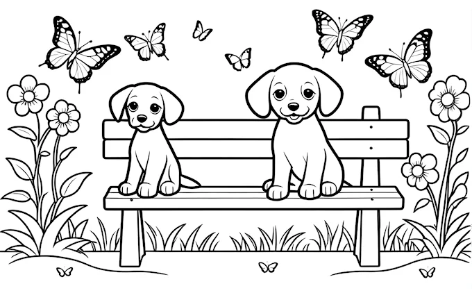 Two dogs on bench with flying butterflies, pointillism art coloring page